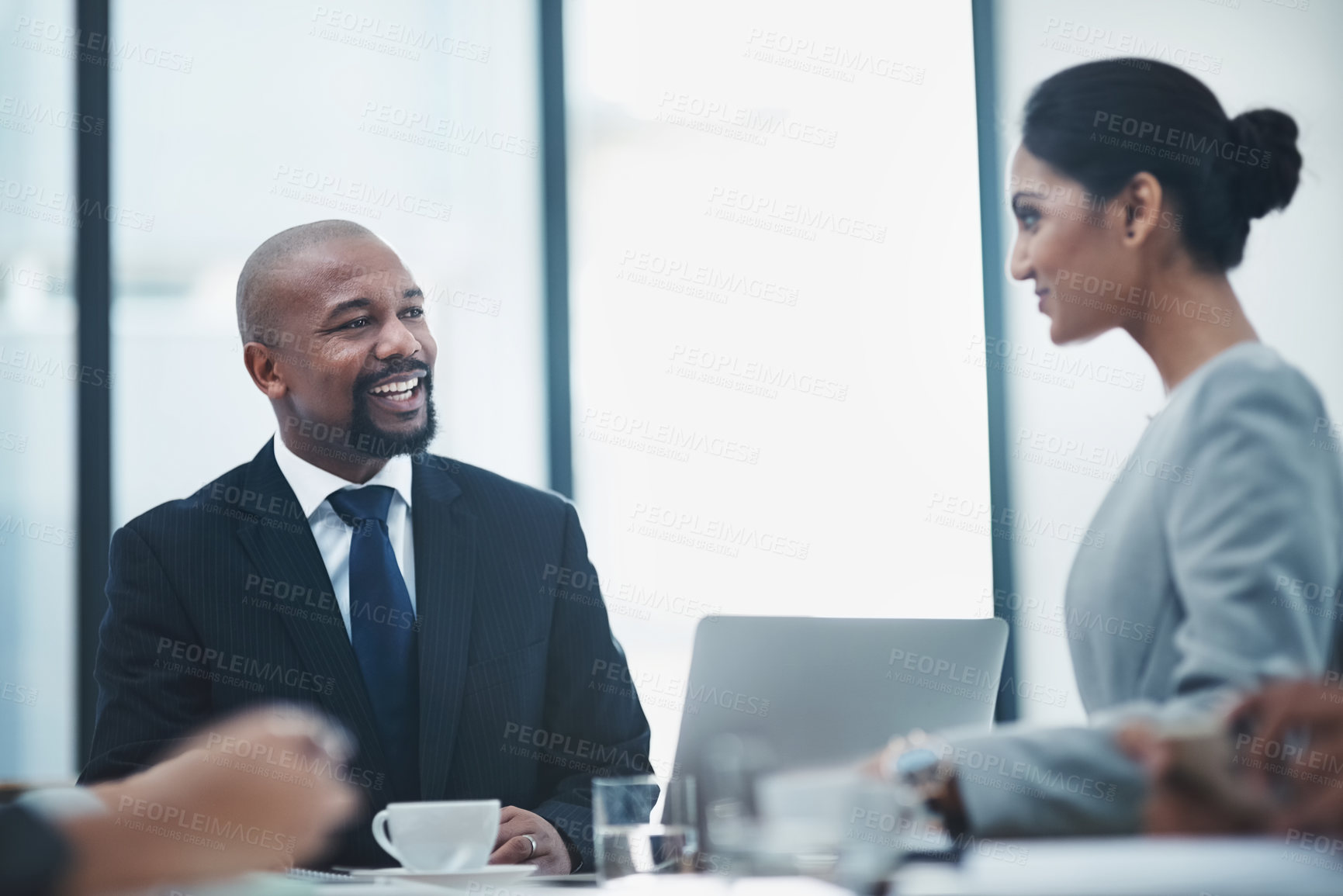 Buy stock photo Discussion, business meeting and team working in the office boardroom for project together. Teamwork, brainstorming and professional employees in partnership planning corporate research in workplace.