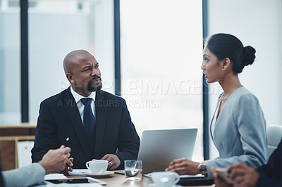 Buy stock photo Laptop, teamwork and business people in a meeting for planning a project in office boardroom. Collaboration, discussion and group of professional employees working on corporate research in workplace.