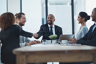 Buy stock photo Hand shake, business meeting and people or manager partnership, lawyer agreement and thank you, success or deal. Corporate woman, clients or employees shaking hands in thanks, negotiation or law firm