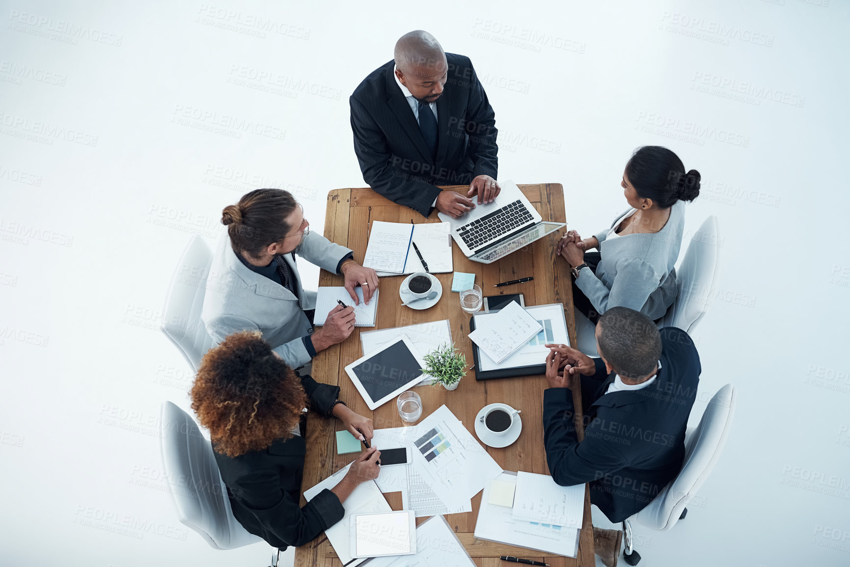 Buy stock photo Business people, board meeting and collaboration with tech and public relations with teamwork in office. Above, employee internet with paperwork, staff and discussion with laptop and feedback review