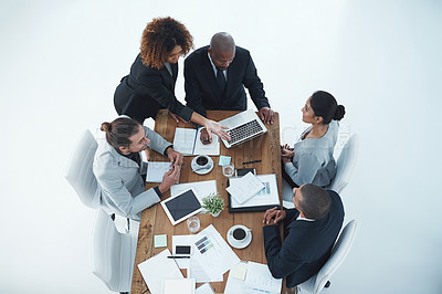 Buy stock photo Business people, meeting and collaboration with worker and public relations with teamwork in office. Above, employee internet with paperwork, staff and discussion with laptop and feedback review