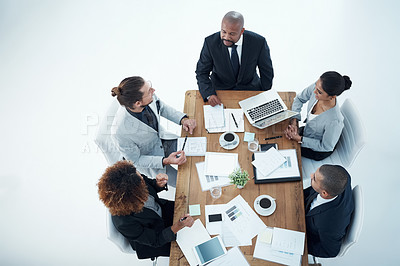 Buy stock photo Business meeting, documents and people planning, talking and collaboration of financial report, charts or graphs. Women, men and manager for paperwork, finance data or stats above on white background