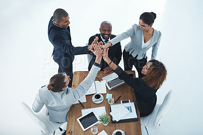 Buy stock photo High five, happy and above of business people in meeting with support, teamwork and motivation. Smile, target and a group of corporate employees with together hands for collaboration and achievement