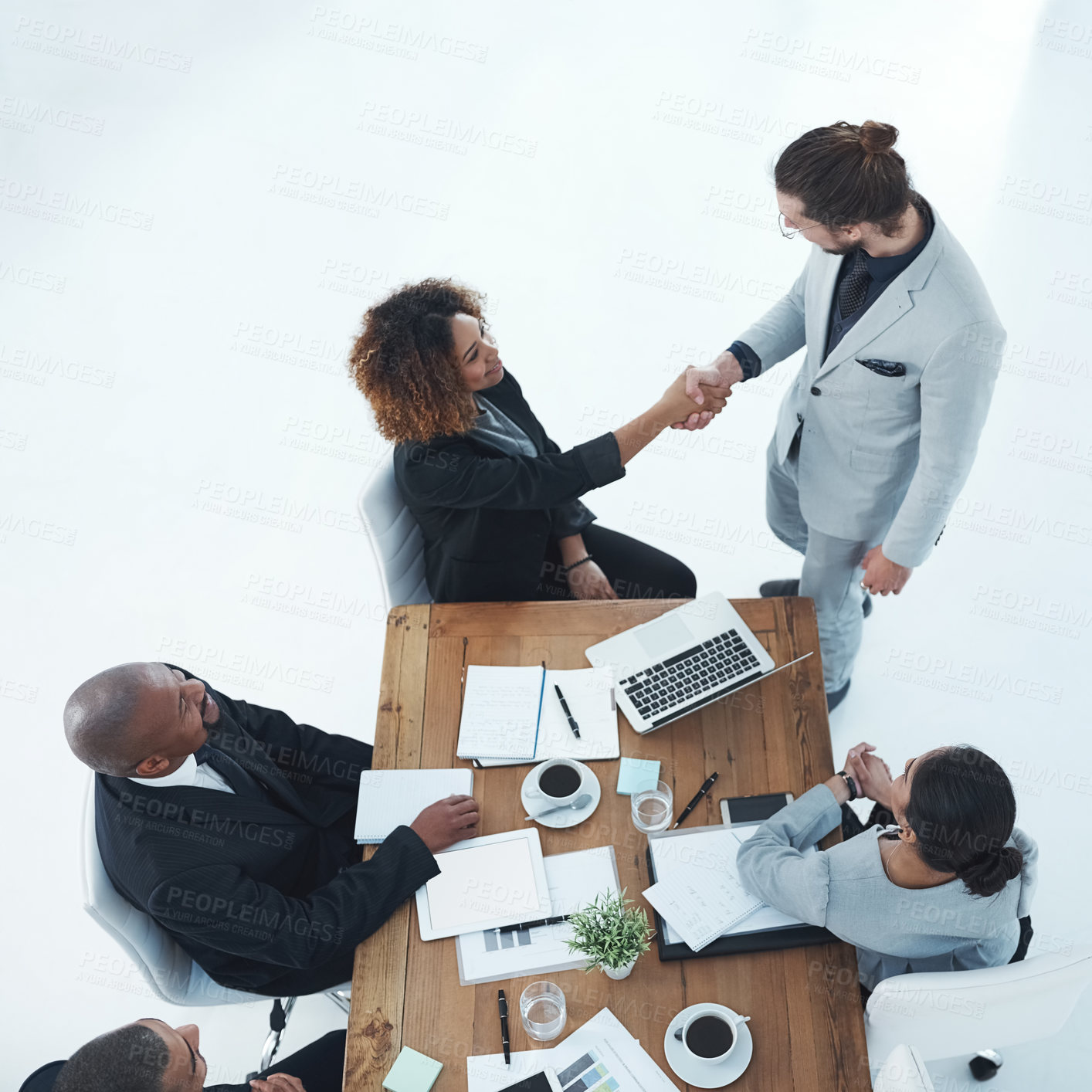 Buy stock photo Handshake, meeting and business people in partnership, b2b onboarding and thank you, success or project deal. Professional woman shaking hands with employee for thanks, welcome or collaboration above