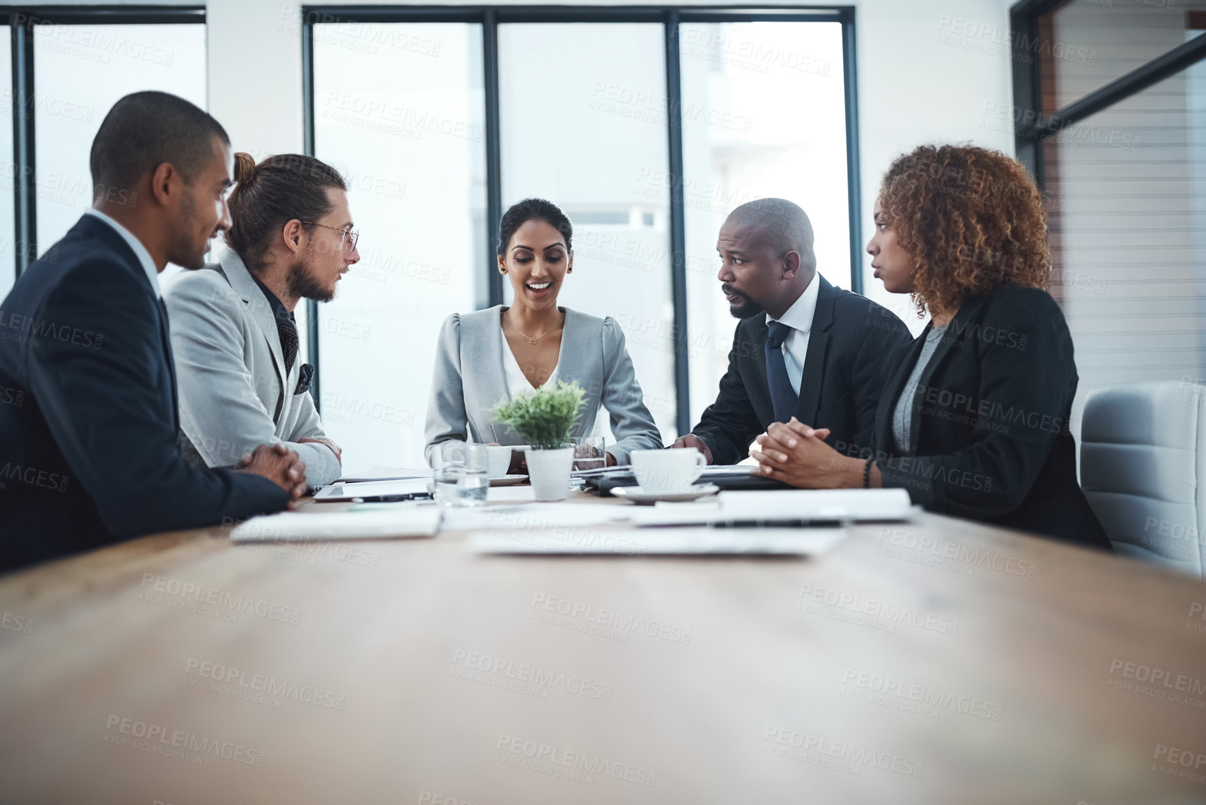 Buy stock photo Business people, leader and staff in a meeting, collaboration or project management in a workplace. Teamwork, coworkers or innovation with brainstorming, planning or share ideas with support or goals