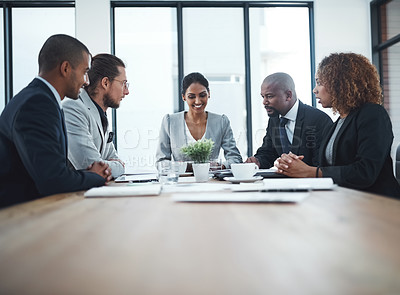 Buy stock photo Business people, leader and team in a meeting, partnership and discussion for a deadline, project and profit growth. Staff, coworkers and mentor with planning, goals and target with ideas and talking