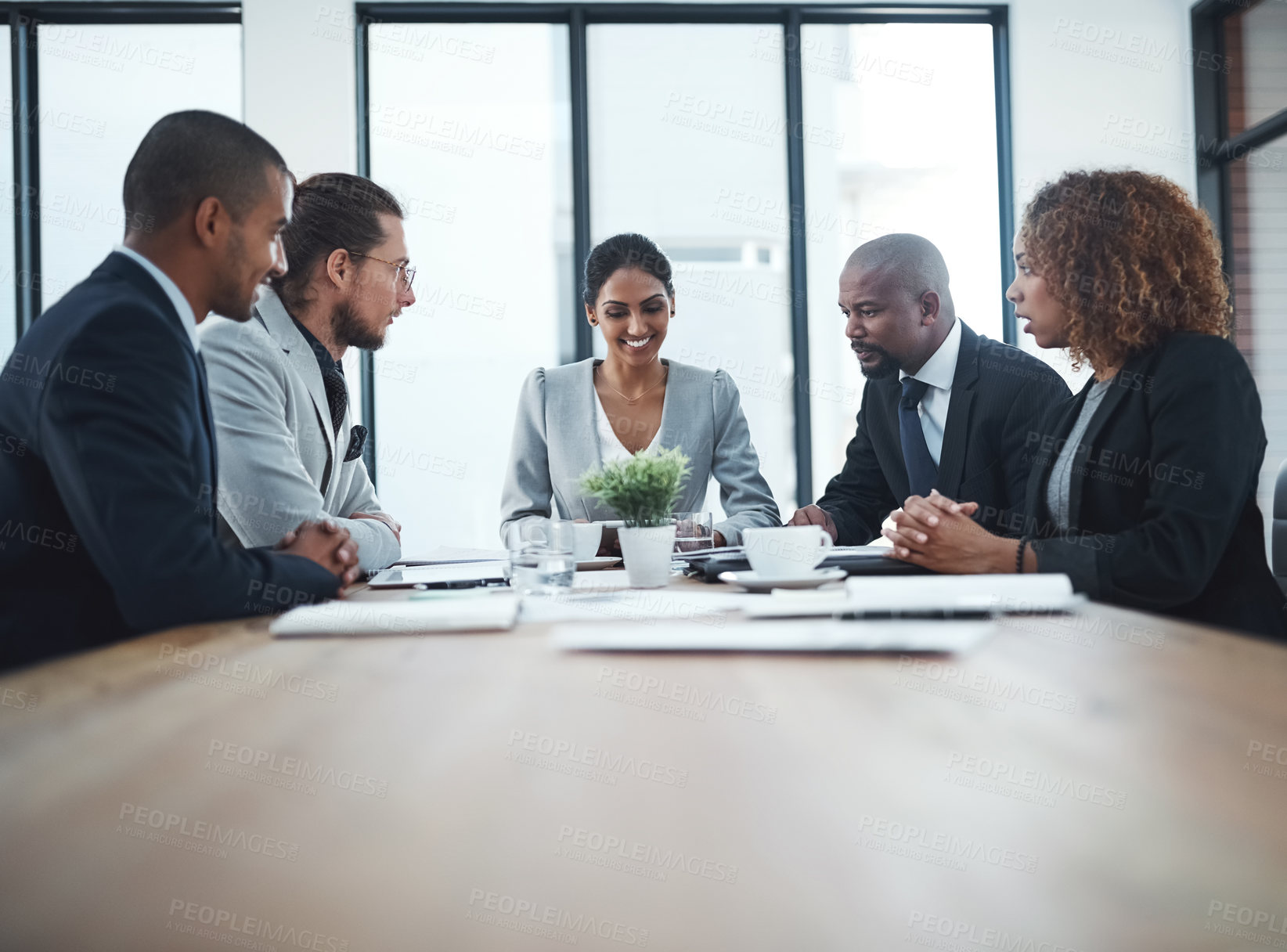 Buy stock photo Business people, leader and team in a meeting, partnership and discussion for a deadline, project and profit growth. Staff, coworkers and mentor with planning, goals and target with ideas and talking