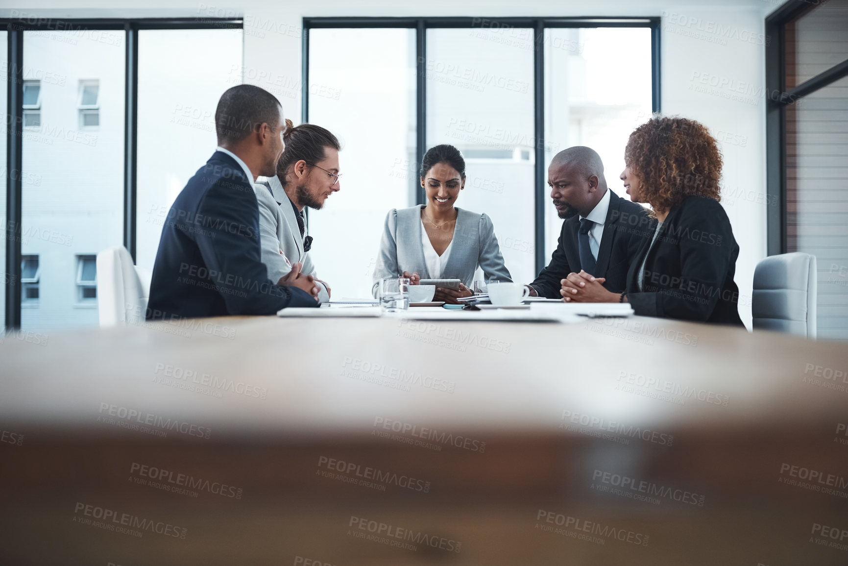 Buy stock photo Business people, staff and group in a meeting, feedback or budget report with company growth, finance or website info. Teamwork, collaboration or partnership with investments, stock market or economy