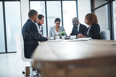 Buy stock photo Business people, group and staff with negotiation, meeting and teamwork with profit growth, goals and feedback. Team, ceo and employee with discussion, review and budget report for financial planning