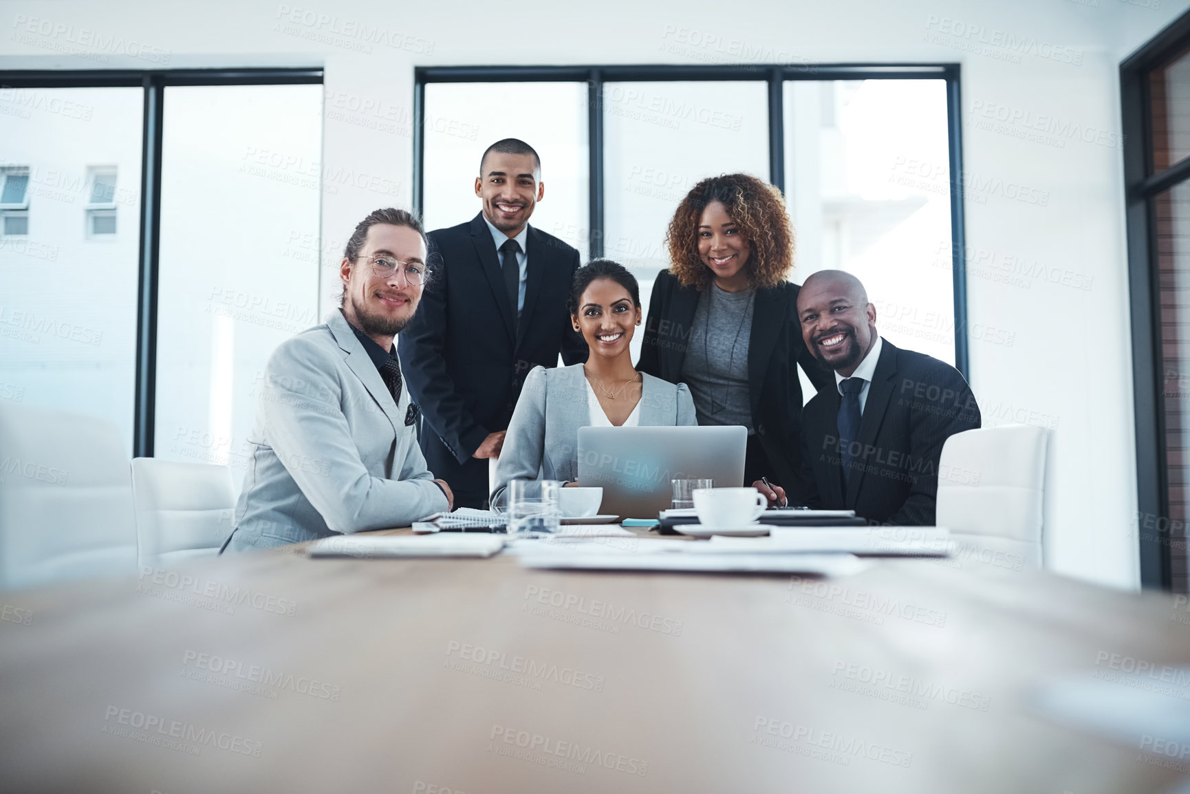 Buy stock photo Portrait, group and smile in meeting, boardroom and laptop for financial report, discussion and planning. Office, digital and corporate people with communication, colleagues and insurance company