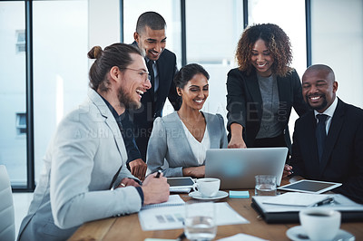 Buy stock photo Business people, teamwork and staff with a laptop, meeting and success with profit growth, planning and project. Staff, men and women with a pc, budget or investment with cooperation or collaboration