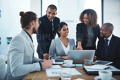 Buy stock photo Business people, group and team with a laptop, meeting and financial planning with profit growth. Staff, men and women with a pc, documents and budget with investment, trading and teamwork with goals