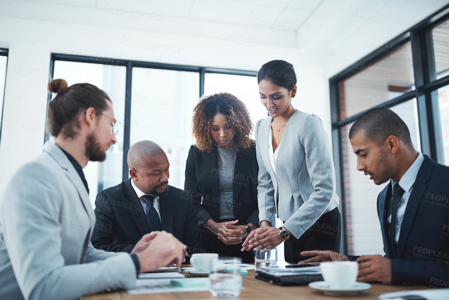 Buy stock photo Meeting, planning and collaboration with a business team in the boardroom for a strategy workshop or training. Teamwork, corporate and management with a group of colleagues talking in the office