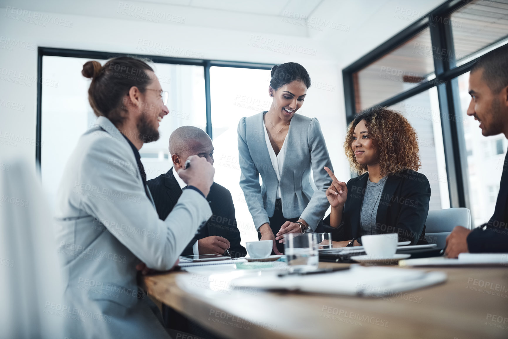 Buy stock photo Brainstorming, ideas and happy in meeting, group and documents of financial report, team and boardroom. Office, discussion and corporate people with communication, colleagues and insurance company