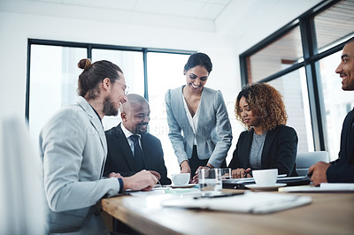 Buy stock photo Brainstorming, talking and happy in meeting, group and documents of financial report, team and boardroom. Office, discussion and corporate people with communication, colleagues and insurance company