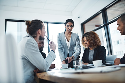 Buy stock photo Brainstorming, ideas and listening in meeting, group and documents of financial report, team and boardroom. Office, discussion and corporate people with communication, colleagues or insurance company