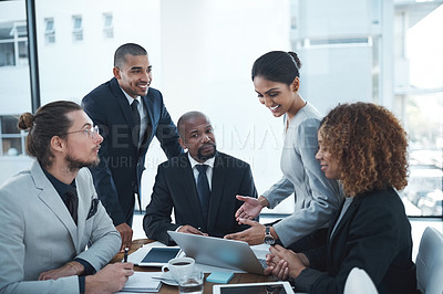 Buy stock photo Meeting, planning and business people in discussion with laptop brainstorming idea, conversation and collaboration. Corporate, teamwork and men and women working on report, group project and proposal