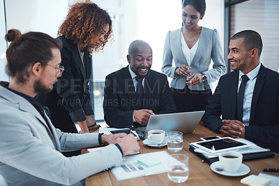 Buy stock photo Discussion office and business people in meeting with laptop for planning, marketing strategy and collaboration. Corporate, teamwork and men and women working on report, group project and proposal