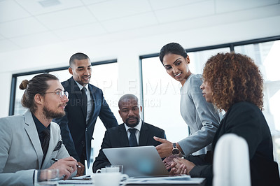 Buy stock photo Meeting, presentation and business people in discussion for brainstorming idea, strategy and collaboration. Corporate office, teamwork and men and women working on report, group project and proposal