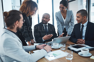 Buy stock photo Computer, finance meeting and business people in discussion for financial review, planning and collaboration. Corporate office, teamwork and men and women working on report, project and proposal