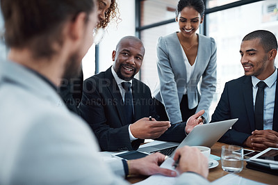 Buy stock photo Meeting, planning and happy business people with laptop in office for discussion, strategy and collaboration. Corporate, teamwork and men and women in discussion for report, group project and review