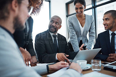 Buy stock photo Meeting, talking and business people with laptop in office for planning, strategy and collaboration. Corporate, teamwork and men and women in discussion working on report, group project and proposal