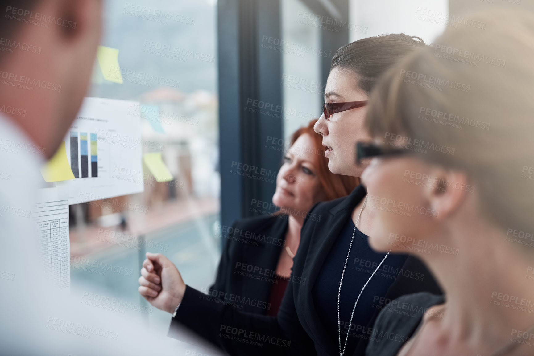 Buy stock photo Brainstorming, group and reading of sticky notes, glass and collaboration of colleagues and ideas. Communication, teamwork and corporate people with information, underwriter and insurance company