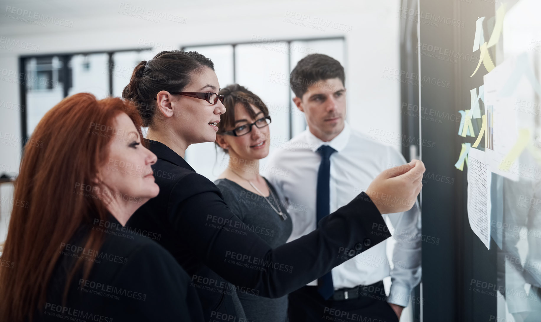 Buy stock photo Employees, sticky notes and discussion on glass in office, brainstorming and staff for budget. Business people, graphs and vision for income growth, coworking and solution for expenses in meeting