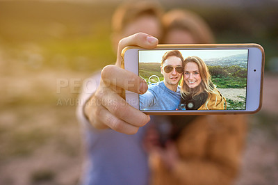 Buy stock photo Phone screen, happy couple and selfie outdoor for holiday, vacation or summer travel together in nature. Smartphone photography, man and woman with memory on social media on hiking date in sunglasses