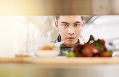 Buy stock photo Cropped portrait of a young male chef cooking in his kitchen