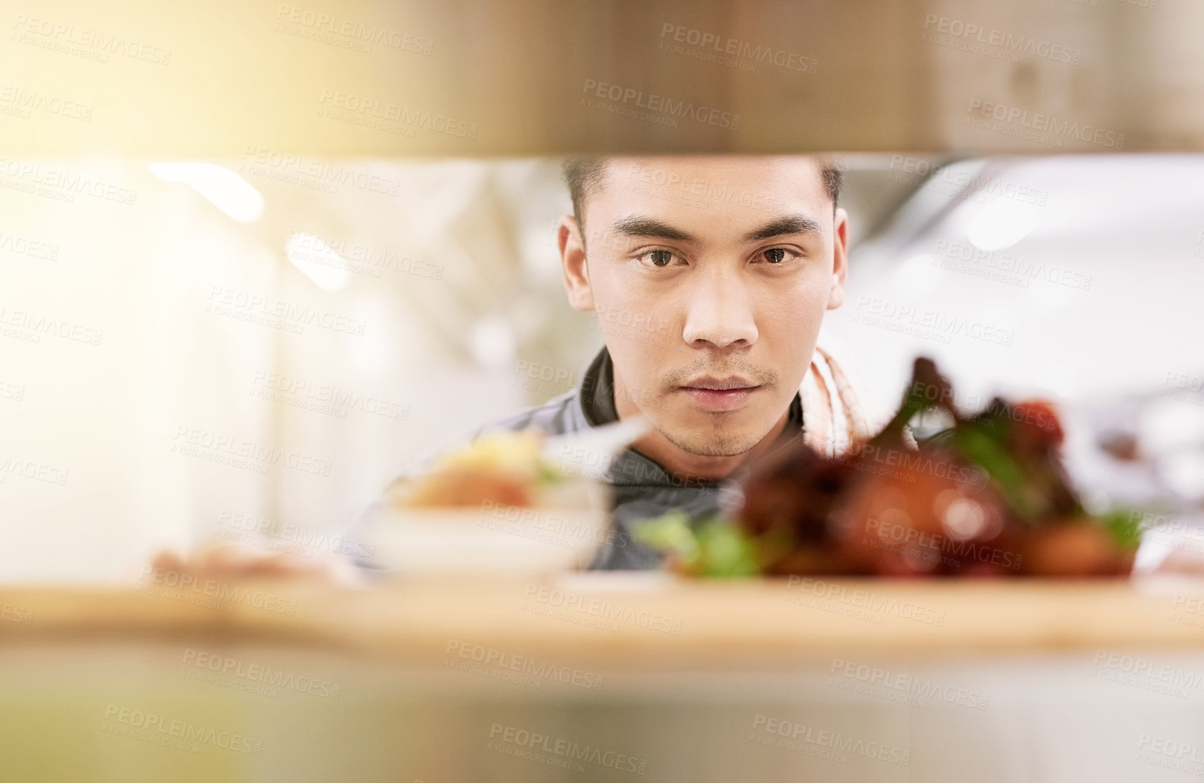 Buy stock photo Chef, portrait and food in restaurant for check on quality, hospitality industry with standards. Male person, dinner and window with inspection for fine dining, professional cooking in hotel kitchen