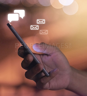 Buy stock photo Cropped shot of an unrecognizable man's hand using a cellphone