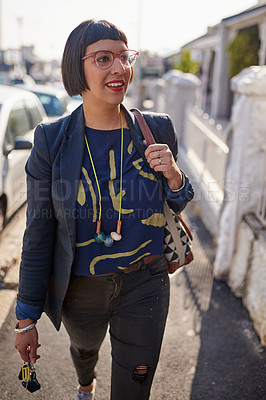 Buy stock photo Businesswoman, walk and sidewalk for commute, city street and urban area for travel to office building. Morning, side and sidewalk for female person or employee, creative and smile in New York road