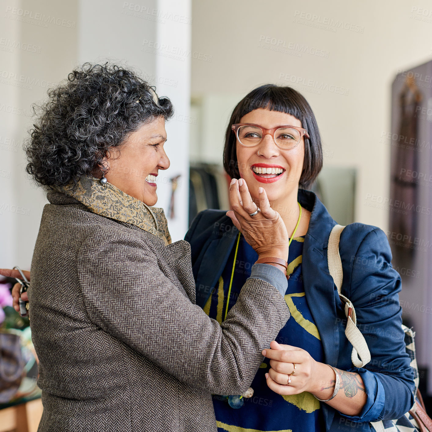 Buy stock photo Adult daughter, mother and laughing at reunion with admiration, love and happy in living room. Smile, affection and Latino mom and woman hugging on mothers day during a visit or outing together
