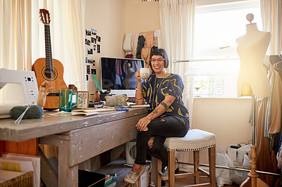 Buy stock photo Portrait of a stylish young designer sitting in her eclectic studio