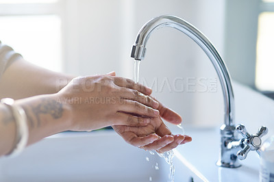 Buy stock photo Hands, person and water in bathroom for hygiene, cleaning and protection from germs at home. Covid awareness, woman and washing in washroom for skincare, bacteria and cleanliness in house or at work