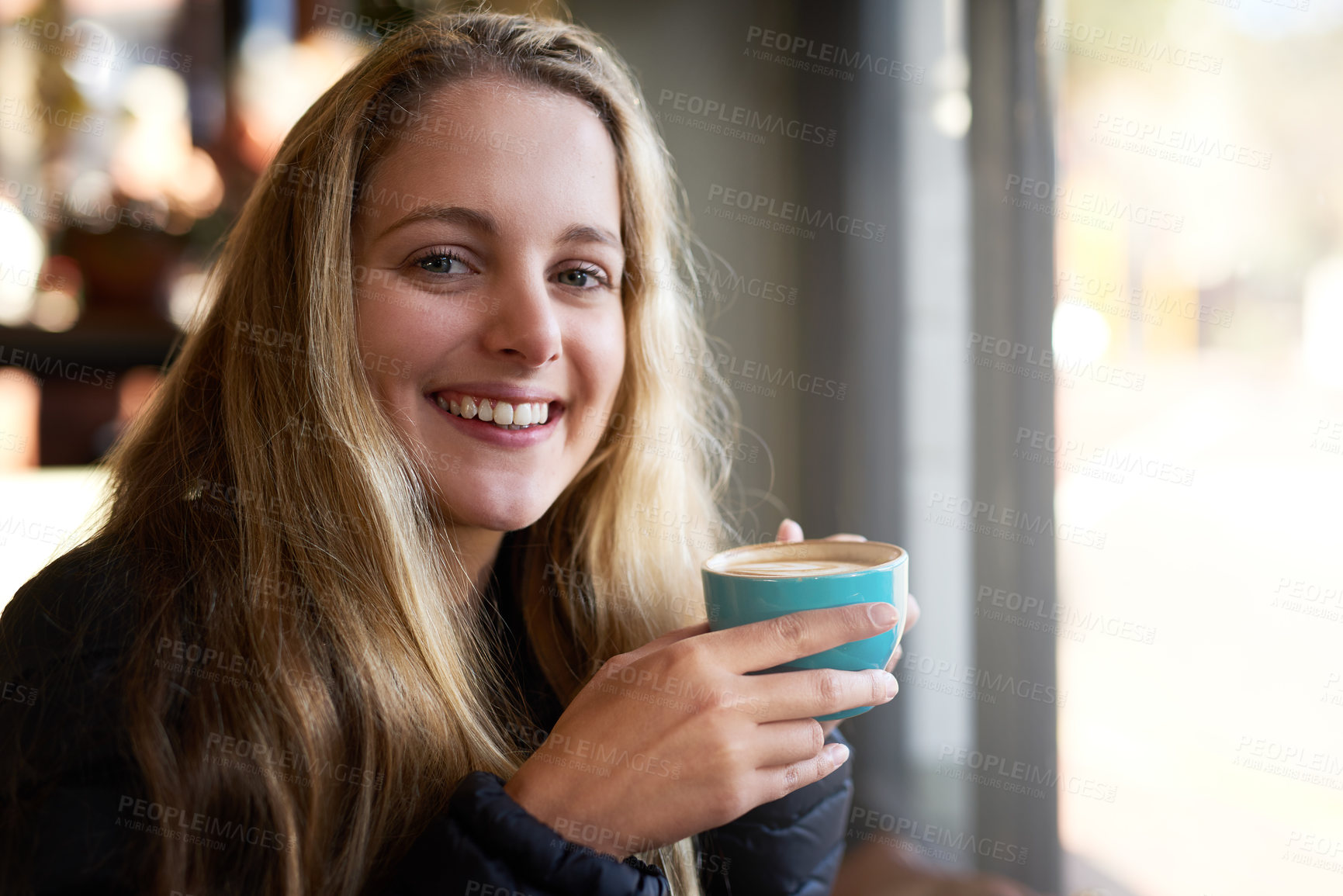 Buy stock photo Portrait, drink or girl with coffee in cafe to relax, chill and enjoy warm beverage in Germany. Cappuccino latte, smile or face of happy woman on break with tea, caffeine or hot chocolate in diner 