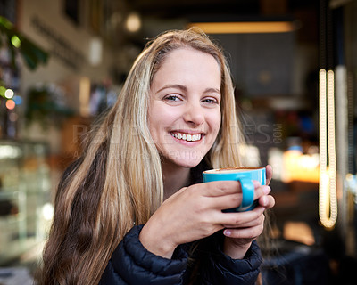 Buy stock photo Portrait, laughing or happy woman with coffee in cafe to relax, chill and enjoy warm beverage in Germany. Cappuccino latte, smile or face of girl on break with tea, caffeine or hot chocolate in diner