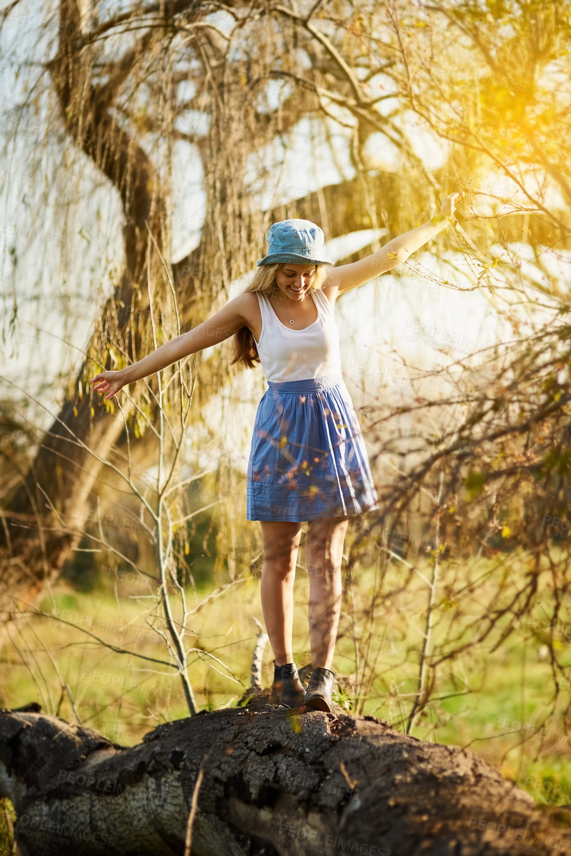 Buy stock photo Woman, countryside and freedom in park with nature, green trees and summer holiday for balance. Forest, environment and female person outside in peace, sunshine and stretching in woods for wellness