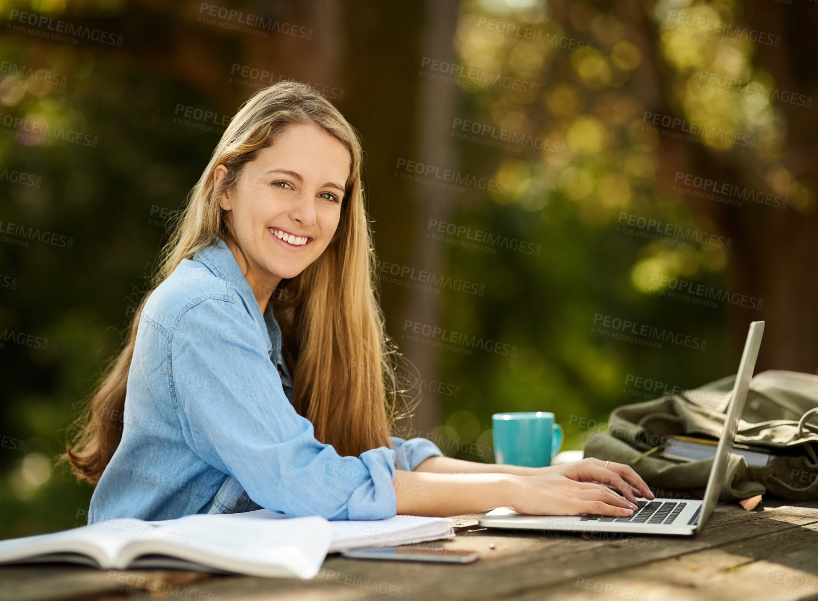 Buy stock photo Female student, laptop and outdoor in portrait, smile and study with coffee, backpack and notes for elearning. Woman, tech and books in education, development and university in college or school