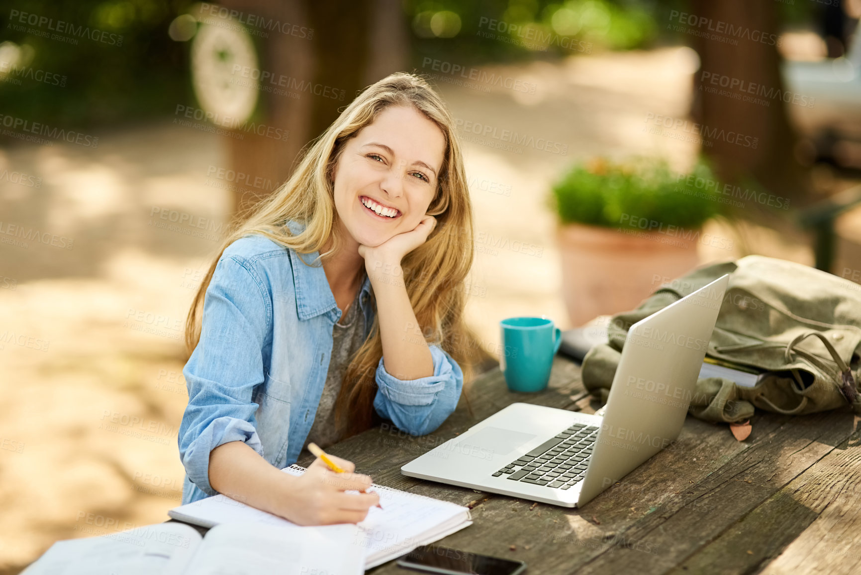 Buy stock photo Female student, laptop and writing in portrait, smile and study with coffee, thinking and outdoor for elearning. Woman, tech and books in education, development and university in college or school