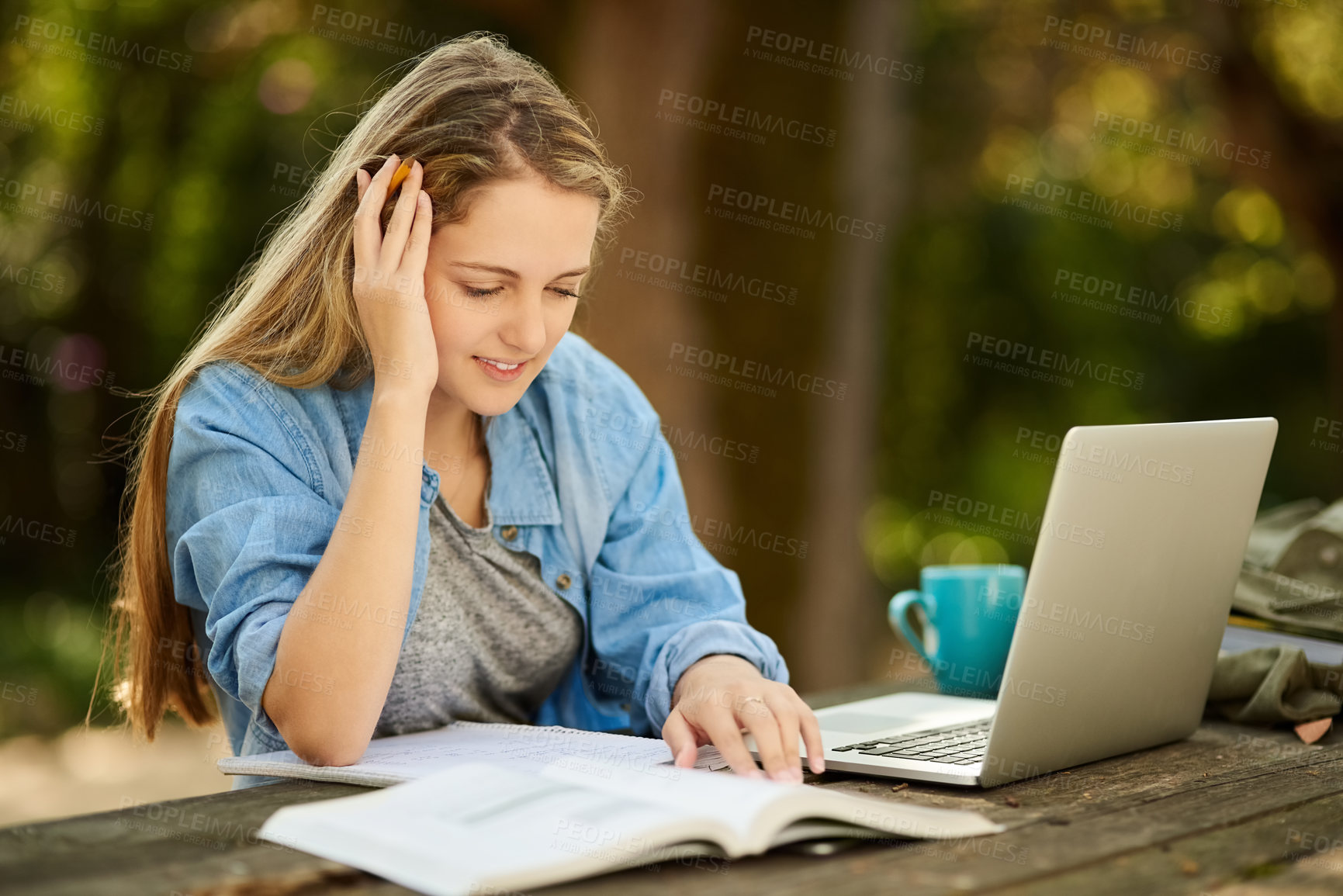 Buy stock photo Female student, laptop and books in thinking, ideas and study with coffee, backpack and outdoor for elearning. Woman, tech and notes in education, development and university in college or school