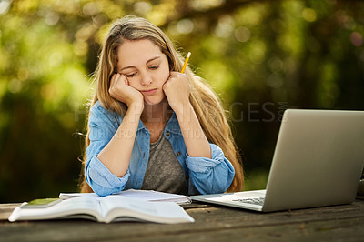 Buy stock photo Stress, girl and student study outdoor at park for burnout, tired or sad for exam fail on university laptop. Depression, fatigue or woman at college campus frustrated at learning challenge or anxiety
