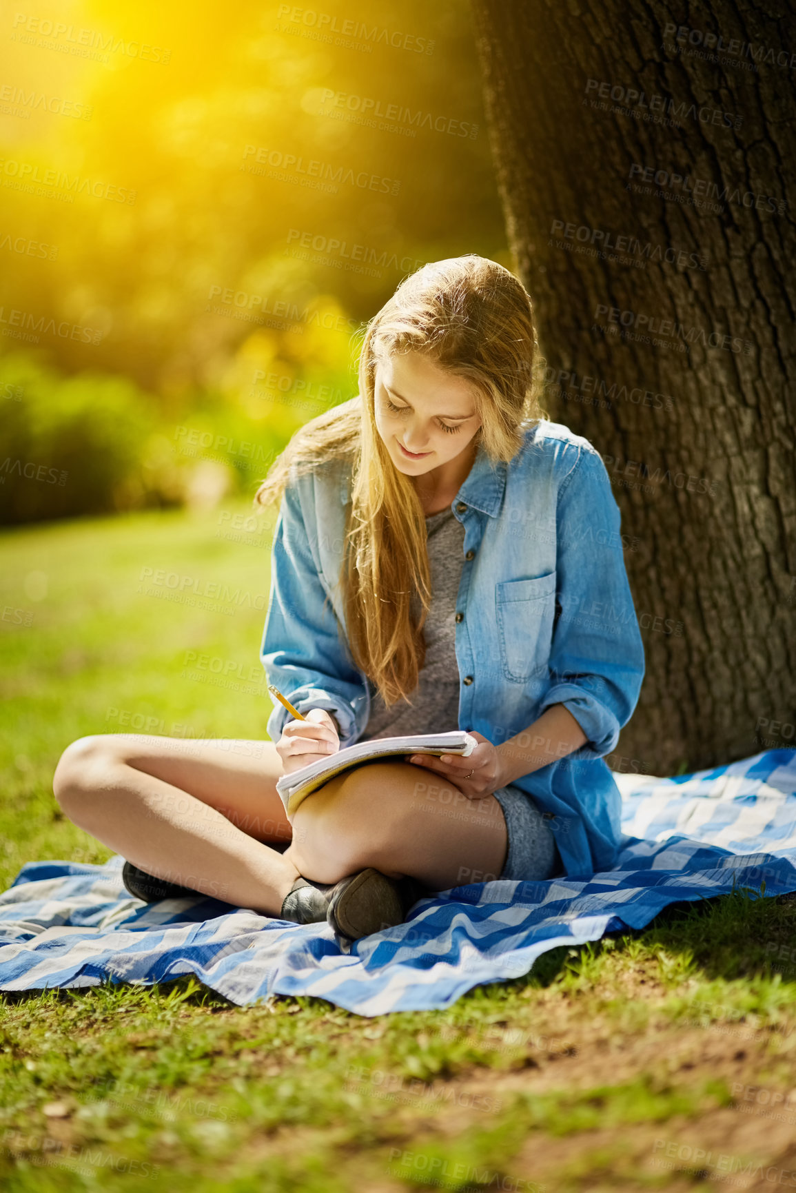 Buy stock photo Student, woman and notebook for study in park for test, education and scholarship in countryside. Female person, gen z and paper by tree for learning, brainstorming and smile in nature for reading