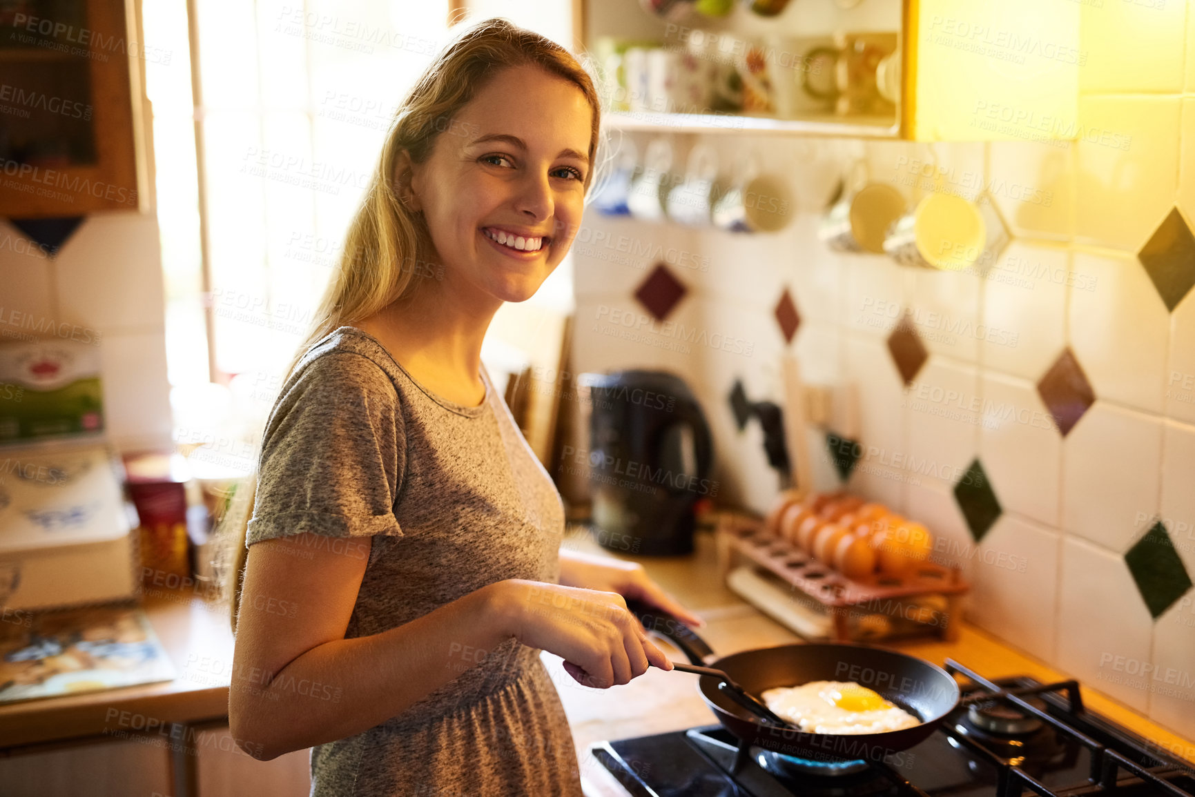 Buy stock photo Portrait, egg or happy woman in kitchen cooking for food, wellness or nutrition for healthy dish. Smile, breakfast or girl in home for lunch meal prep, vegan diet or protein in France on stove or pan