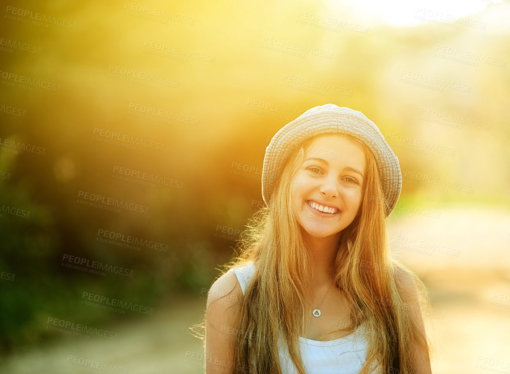 Buy stock photo Girl, portrait and happy outdoor for nature, travel and spring for peace or calm in garden mockup. Female person, wellness and countryside holiday or vacation, aesthetic and smile in park environment