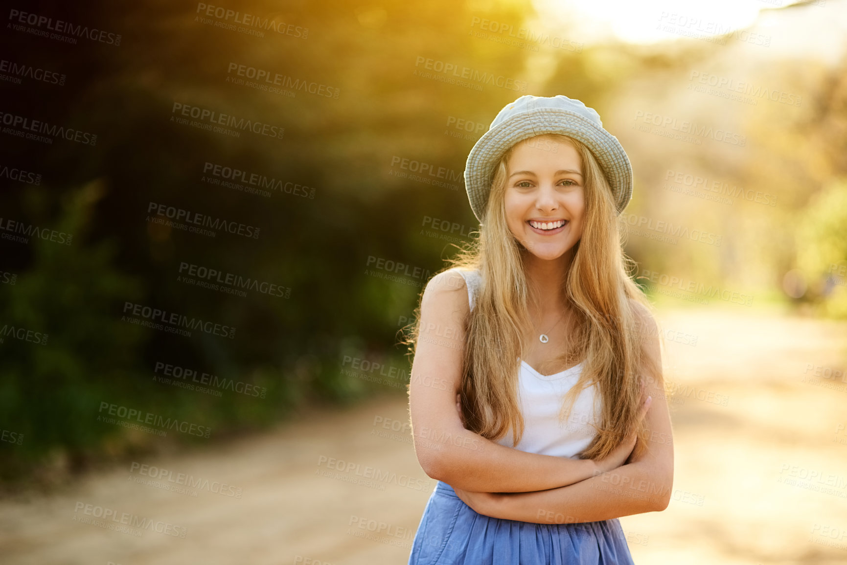 Buy stock photo Girl, portrait and fashion in outdoor holiday, travel and spring or confident for casual style in garden. Female person, park and countryside or vacation, aesthetic and clothes in nature on adventure