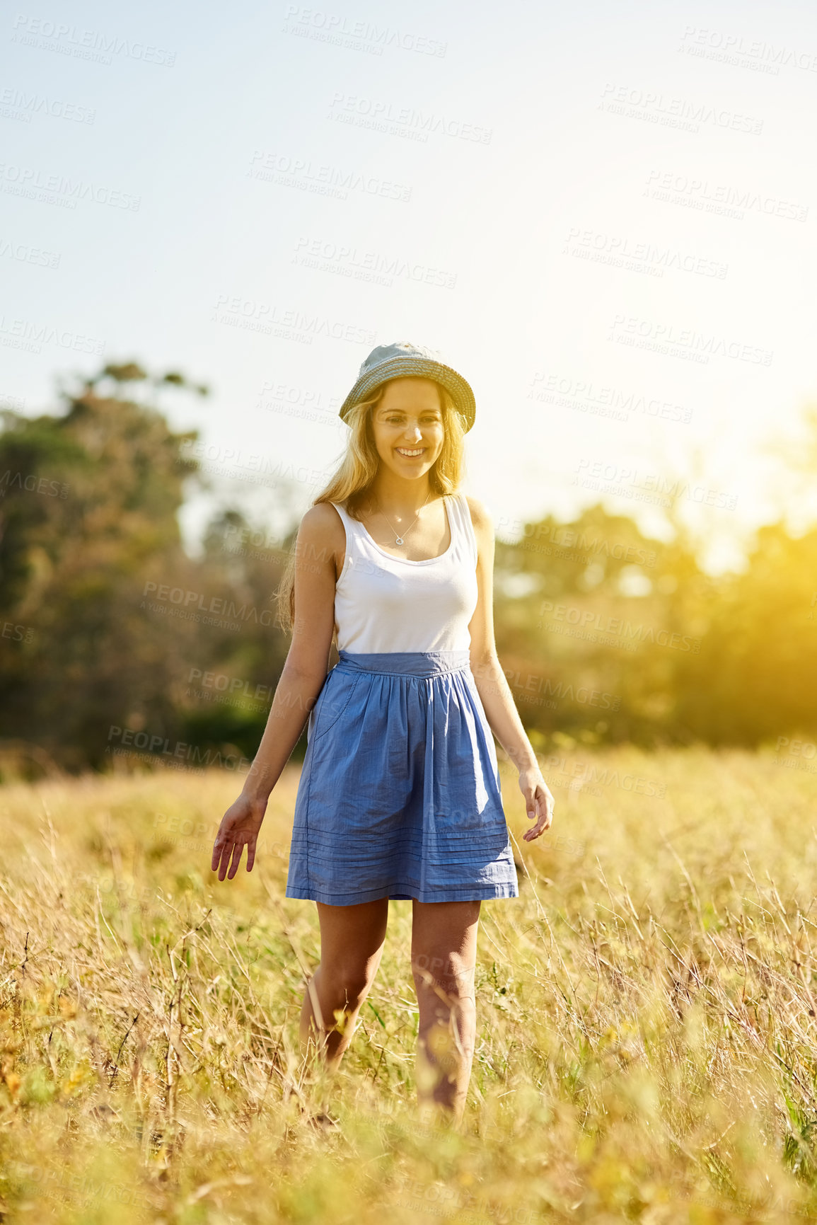Buy stock photo Thinking, smile and girl in countryside for vacation, holiday and travel in nature field outdoor in Germany. Dream, meadow and happy woman or tourist at garden park for summer trip on mockup space