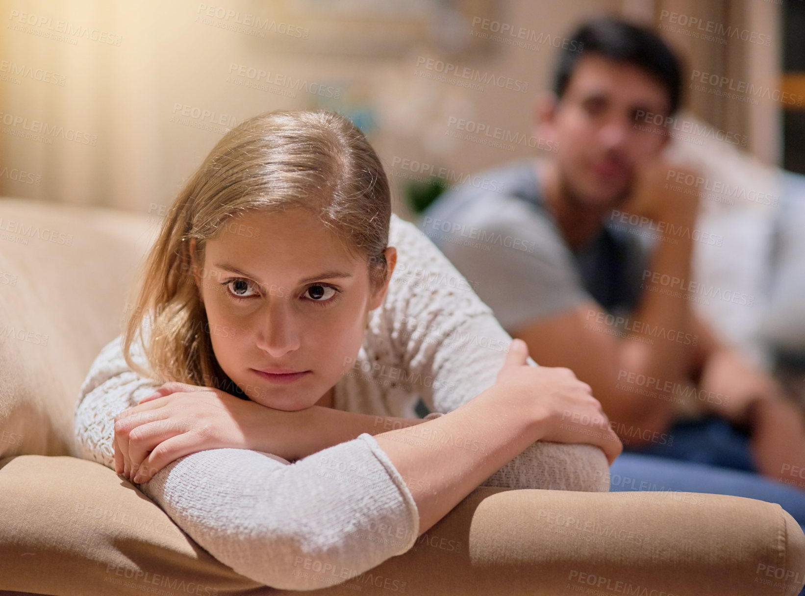 Buy stock photo Girl, ignore and thinking on couch with man after argument,  fight and thoughts of past cheating or communication issues. Couple, home and woman unhappy with ideas of break up or divorce and conflict