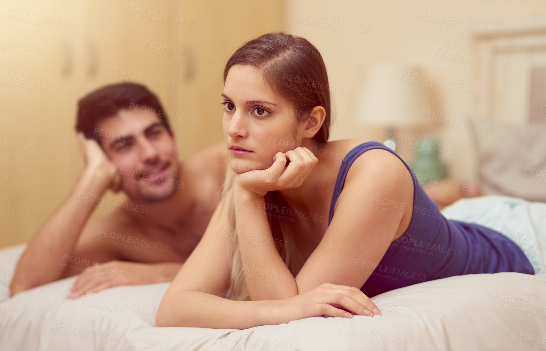 Buy stock photo Angry, argument and couple relaxing on bed with break up, cheating or infidelity discussion. Unhappy, sad and female person thinking on marriage problem for fighting with husband in bedroom at home.